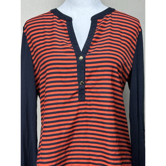 Michael Kors Women’s Sz L Navy Orange Striped Top Long Sleeve V-Neck - Picture 2 of 15